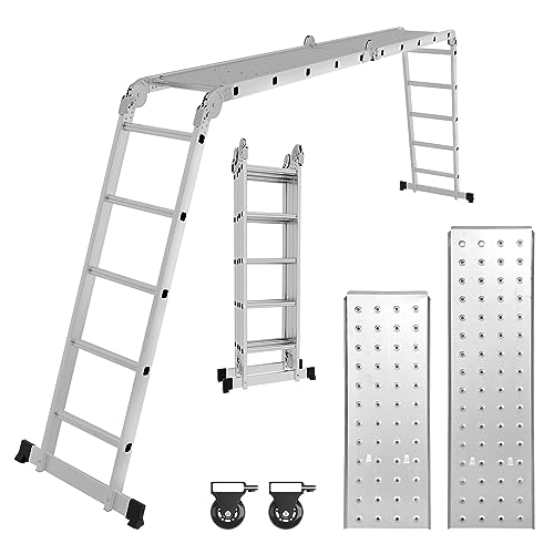 Yakimz Aluminium Mehrzweckleiter 4x5M Aluminium Multifunktionsleiter Leiter 580cm Klappleiter 16 Stufen Gelenkleiter Stehleiter Aluleiter, mit 2 Gerüstplatten und 2 Rollen von Yakimz