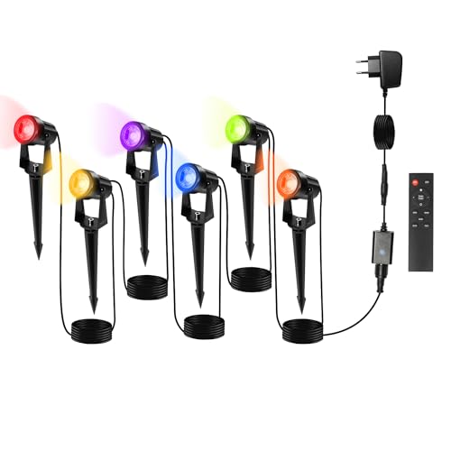 Yakimz Gartenbeleuchtung LED - 6er Set Gartenstrahler mit Stecker und Erdspieß - RGB Farbwechsel Gartenleuchten mit Erdspieß - IP65 Wasserdicht - Perfekt für Außen, Rasen, Weg und Teich von Yakimz