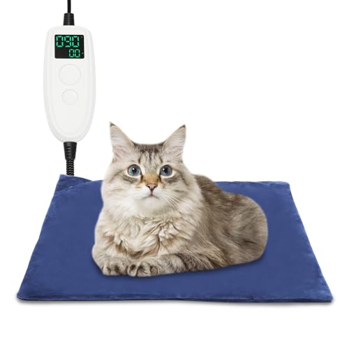 Yakimz Haustier Heizkissen, Wärmedecke Katze Elektrisch mit Timing &Temperatur Einstellbar, Wärmematte für Katzen Hunde mit Kaubeständigem Kabel (Blau- 50 x 50cm) von Yakimz