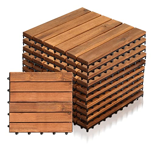 Yakimz Holzfliesen 11er| aus Akazien Holz| 30 × 30cm| 1 m² pro bodenfliesen|Outdoor & Indoor Bodenbelag Balkon mit Drainagensystem & Klicksystem, Braun von Yakimz