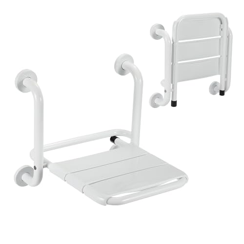 Yakimz Klappbarer Duschsitz für die Wandmontage, Duschklappsitz, Dusche Klappsitz, Badestuhl, Duschhocker Duschstuhl für Senioren Weiß, Duschklappsitz, Duschsitz 120kg von Yakimz