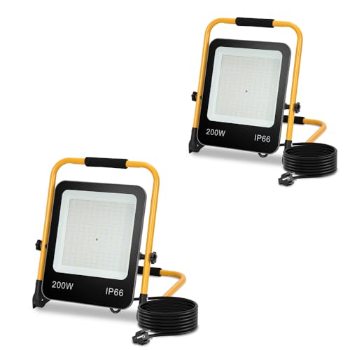 Yakimz LED Baustrahler 200W, 2x 18000LM Arbeitsleuchte Strahler, IP66 Wasserdicht Tragbar Arbeitsscheinwerfer 6000K Kaltweiß Baulampe, mit Kabel und Faltbarer Ständer für Baustelle von Yakimz