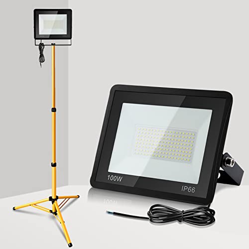 Yakimz LED Baustrahler mit Stativ, 100W IP66 Wasserdicht Fluter Strahler, 3000K Warmweiß 8500LM Baustellenlampe,Arbeitsscheinwerfer für Keller Schuppen Lager (mit 1m Kabel,kein Stecker) von Yakimz
