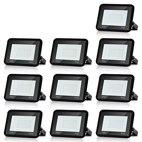 Yakimz LED Strahler Außen, 10x30W LED Fluter Scheinwerfer, Wasserdicht IP66, LED Wandbeleuchtung Flutlicht 230V, Superhell Kaltweiß Außenstrahler 2550LM 6000K Fluter Beleuchtung Außenlampe von Yakimz