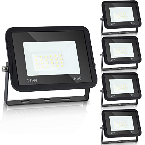 Yakimz LED Strahler Außen, 5er 20W Fluter 6000K Kaltweiß Scheinwerfer, IP66 Wasserfest, 1700LM Superhell, Flutlichtstrahler Außenleuchte für Terrasse Sportplatz von Yakimz