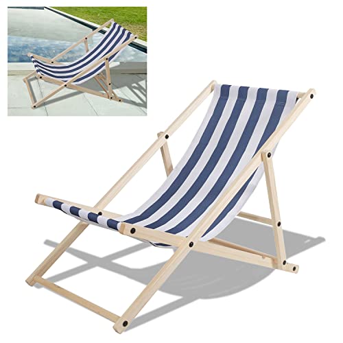 Yakimz Liegestuhl aus Holz, Premium Liegestühle Relaxliege, Strandliege, Sonnenliege für Erwachsene, Strandstuhl Campingstuhl mit modernem Design, Blaue und weiße Streifen von Yakimz