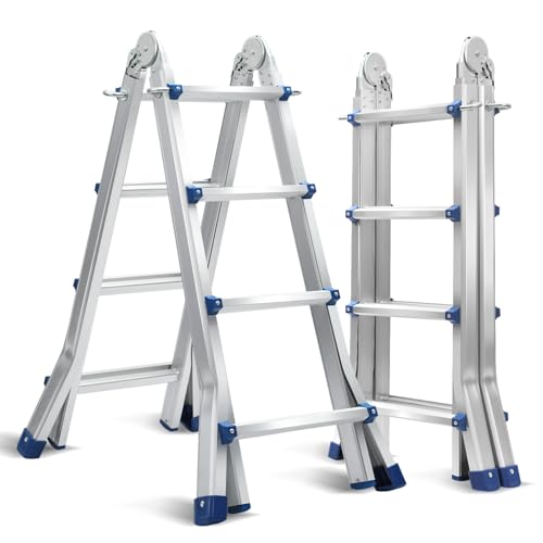Yakimz Mehrzweckleiter 402cm, 3 in 1 Teleskopleiter 4x4 Sprossen Klappbare Trittleiter Aluleiter Multifunktionsleiter Schiebeleiter Max Belastung 150kg von Yakimz