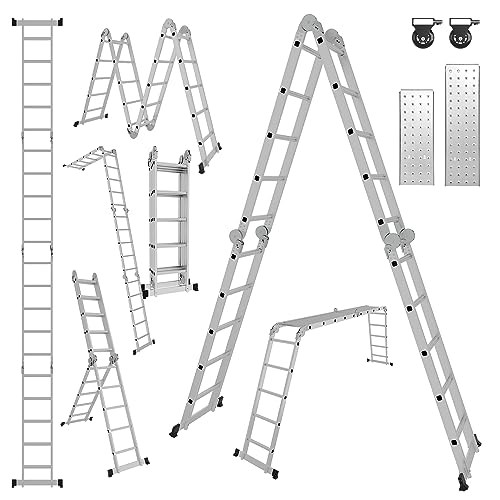 Yakimz Mehrzweckleiter Aluminium 4x5 Stufen, 582 cm Multifunktionsleiter Klappleiter mit 2 Gerüstplatten und 2 Räder, Haushaltsleiter Arbeitsleiter 20 Stufen, Maximale Belastung 150kg von Yakimz