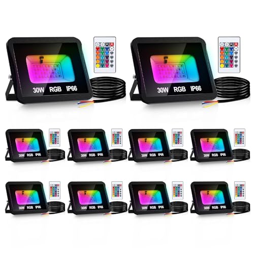 Yakimz RGB LED Strahler 30W, 10er Farbwechsel Fluter Außen Strahler, 16 Farben und 4 Modi Smart LED Flutlichtstrahler, IP66 Außenstrahler Wasserdicht LED Flutlicht, Garten Stimmungslichter von Yakimz