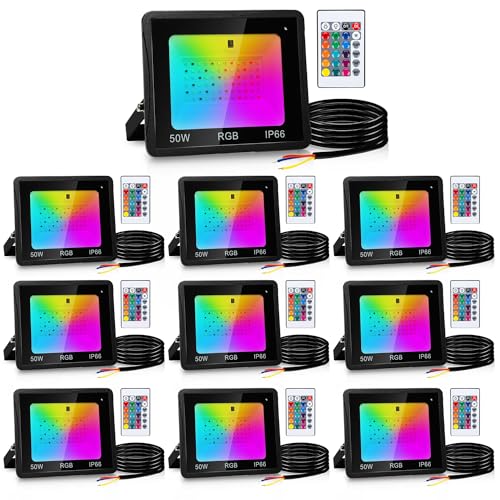 Yakimz RGB LED Strahler Außen 10 Stück, 50W Smart LED Fluter, IP66 Wasserdicht Spotlicht für draußen mit 16 Farben 4 Modi, Dimmbar, Speicherfunktion, Stimmungslicht mit Farbwechsel von Yakimz