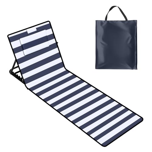 Yakimz Strandliege Klappbar leicht, 158cm Strandmatte mit rückenlehne, Beachmatte Faltbare mit Einstellbar 5-stufige Höhe, für im Freien, Strand, Camping,Terrasse, blau-weiß gestreift von Yakimz