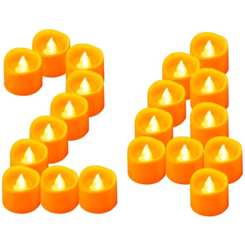 Yakpo 24 Stück orangefarbene LED-Teelichter batteriebetrieben, flammenlos flackernde Kerzen elektrische gefälschte Votivkerzen Großpackung für Partys im Freien Weihnachten Halloween Kürbisdekorationen von Yakpo
