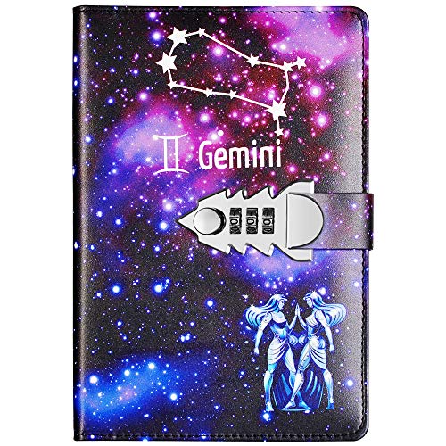 Tagebuch aus Leder mit Zahlenschloss, Reisetagebuch, Notizbuch für Jungen und Mädchen, zwölf Sternbilder TPN145 (Gemini) von Yakri