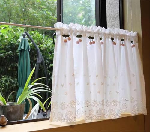 Yaland Baumwolle Scheibengardine mit Stickerei Blumen Muster Bistrogardine Landhaus Küchengardine Stangendurchzug Kleinfenster 1 Stück Weiß HxB 30x140cm von Yaland