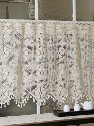 Yaland Bistrogardine Boho Vorhang Scheibengardine Handgefertigte Häkeln Vorhänge mit Ausschnitten Kurzstore Gardinen mit Quasten 1 Stück HxB 75x90cm von Yaland