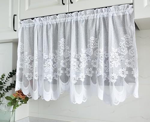 Yaland Bistrogardinen Landhausstil Transparent mit Stickerei Scheibengardinen Jacquard Panneaux Kurzgardinen küchegardinen Spitze Stangedurchzug Weiß BxH 100x40cm 1 Stück von Yaland