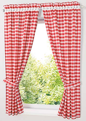 Yaland Blickdichter Vorhänge mit Karo-Muster Landhaus Gardinen Wohnzimmer Gardinenschals mit Raffhalter (BxH 80x100cm, rot) 2 Stück von Yaland