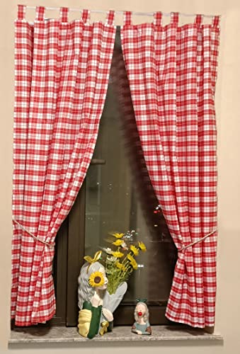 Yaland Blickdichter Vorhänge mit Karo-Muster Landhaus Gardinen Wohnzimmer Gardinenschals mit Raffhalter Schlaufen (BxH 100x100cm, rot) 2 Stück von Yaland