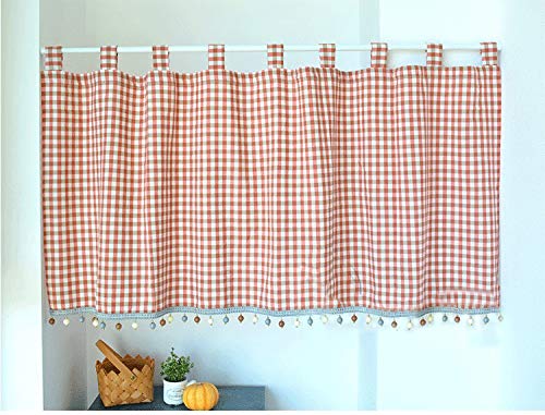 Yaland Elegant Schlaufenschal karo Gardine Karierte Küche Gardine Scheibengardine mit Kugeln-Kante Landhausstil Bistrogardine mit Raffhalter (HxB 50x100cm, orange) 1 Stück von Yaland