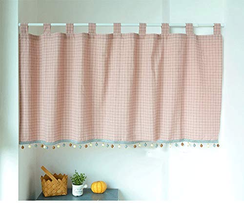 Yaland Elegant Schlaufenschal karo Gardine Karierte Küche Gardine Scheibengardine mit Kugeln-Kante Landhausstil Bistrogardine mit Raffhalter (HxB 50x100cm, pink) 1 Stück von Yaland