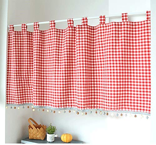 Yaland Elegant Schlaufenschal karo Gardine Karierte Küche Gardine Scheibengardine mit Kugeln-Kante Landhausstil Bistrogardine mit Raffhalter (HxB 60x140cm, rot) 1 Stück von Yaland