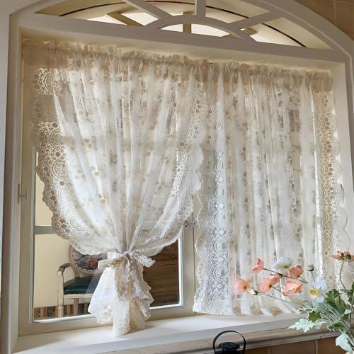 Yaland Exquisite Embroidered Scheibengardine Stickerei Fenstervorhang mit Blumenmuster Landhausstil Bistrogardine mit Raffhalter 1 Stück Beige mit Kräuselband HxB 100x130cm von Yaland