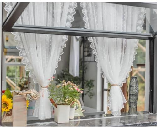 Yaland Garn Scheibengardine Romantischer Landhausstil Weißes Spitzen Blumenmuster transparente Gardine mit Kräuselband in Küche, Wohnzummer 1 Stück Weiß HxB 180x140cm von Yaland