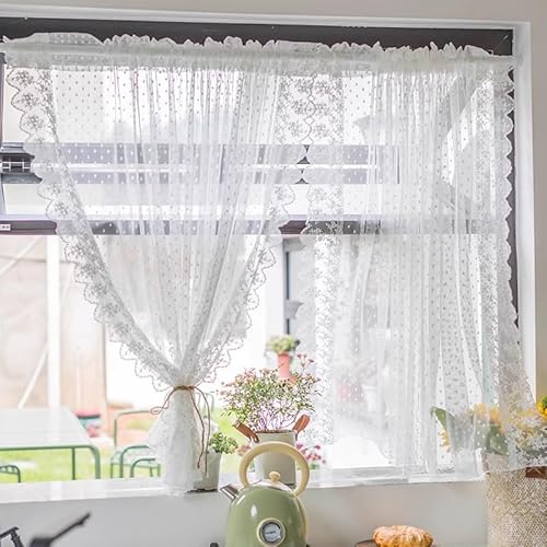 Yaland Garn Scheibengardine Romantischer Landhausstil Weißes Spitzen Blumenmuster transparente Gardine mit Tunnelzug in Küche, Wohnzummer 1 Stück Weiß HxB 160x140cm von Yaland