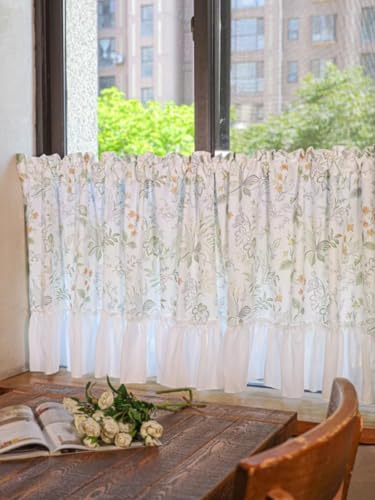 Yaland Garn Scheibengardine mit Blumen Muster Landhausstil mit Stangendurchzug Romantic Kurzstore für Küche 1 Stück HxB 45x140cm von Yaland