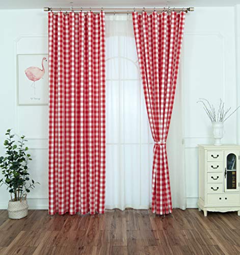 Yaland Home Fashion Dekoschal Karo Vorhang gardinen Modern Kariert Scheibengardine Gingham Vorhänge mit Kräuselband (BxH 100x200cm,rot) 1 Stück von Yaland