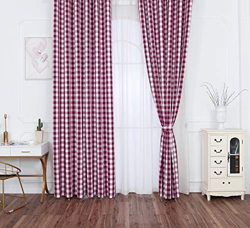 Yaland Home Fashion Dekoschal Karo Vorhang gardinen Modern Kariert Scheibengardine Gingham Vorhänge mit Kräuselband (BxH 100x180cm,winerot) 1 Stück von Yaland