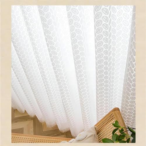 Yaland Jacquard Scheibengardine Elegante Gardine mit zarten Blättermuster Bistrogardine mit Kräuselband 1 Stück Weiß HxB 120x130cm von Yaland