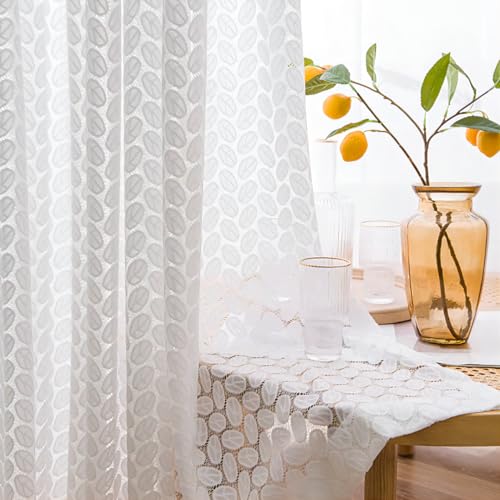 Yaland Jacquard Scheibengardine Elegante Gardine mit zarten Blättermuster Bistrogardine mit Stangendurchzug 1 Stück Weiß HxB 80x130cm von Yaland