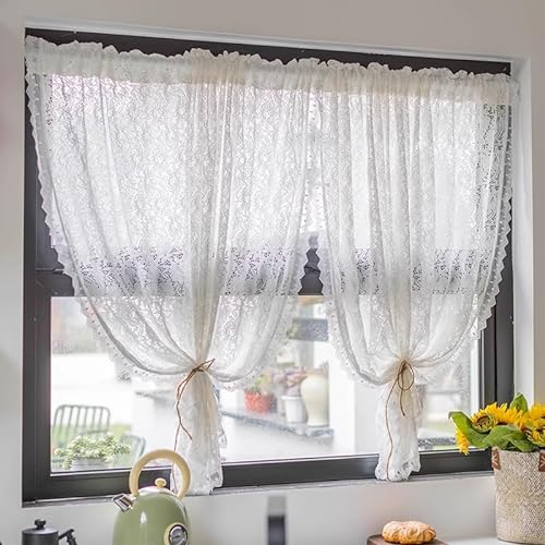 Yaland Jacquard Scheibengardine Landhausstil mit Blumenmuster Spitzenoptik durchscheinende Gardine mit Tunnelzug in Küche, Wohnzummer 1 Stück HxB 120x140cm von Yaland