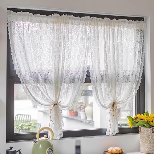 Yaland Jacquard Scheibengardine Landhausstil mit Blumenmuster Spitzenoptik durchscheinende Gardine mit Tunnelzug in Küche, Wohnzummer 1 Stück HxB 200x140cm von Yaland