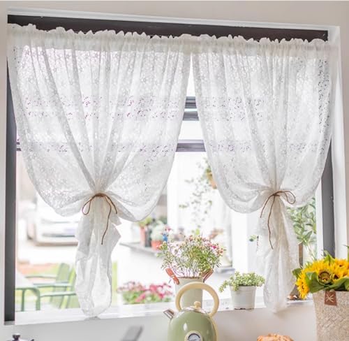 Yaland Jacquard Scheibengardine mit zarten Blätter und Floral Muster Sanfte Landhausstil Bistrogardine mit Stangendurchzug 1 Stück Weiß HxB 245x140cm von Yaland