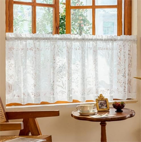 Yaland Jacquard Scheibengardine mit zarten Blättermuster Lochstickerei Bistrogardine mit Stangendurchzug Sichtschutz Küche 1 Stück Weiß HxB 60x180cm von Yaland