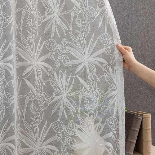 Yaland Jacquard Scheibengardine mit zarten Maple Blättermuster halbtransparente weiße Bistrogardine mit Kräuselband für Wohnzimmer & Balkon 1 Stück HxB 145x140cm von Yaland