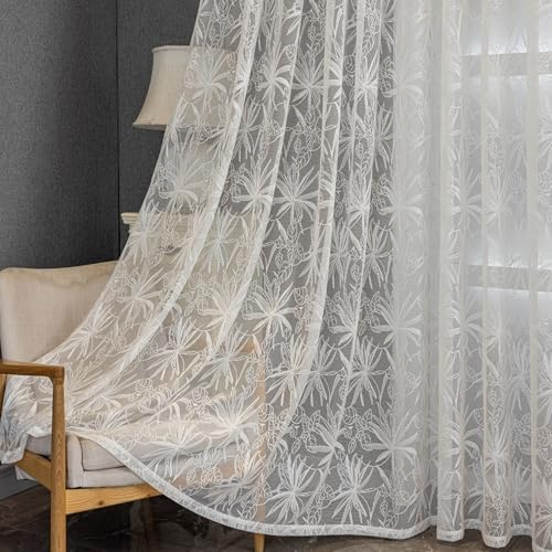Yaland Jacquard Scheibengardine mit zarten Maple Blättermuster halbtransparente weiße Bistrogardine mit Stangendurchzug für Wohnzimmer & Balkon 1 Stück HxB 120x100cm von Yaland