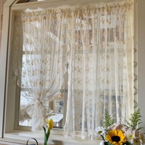 Yaland Landhausstil Scheibengardinen mit Stickerei Blumen Muster transparente Gardinen mit gebogten Abschluss Kurzstore 1 Stück Beige HxB 180x130cm von Yaland