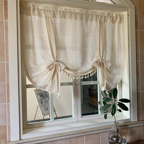 Yaland Leinenoptik Raffrollo Tunnelzug Blickdicht Landhausstil Bindegardine mit Häkelkante Beige 1 Stück, HxB 120x130cm von Yaland