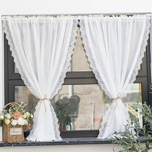 Yaland Leinenoptik Scheibengardine mit zarten Spitzen-Wellenkante Gardine in Küche, Wohnzummer,Balkon Landhausstil Stangendurchzug 1 Stück, Weiß, BxH 80x100cm von Yaland