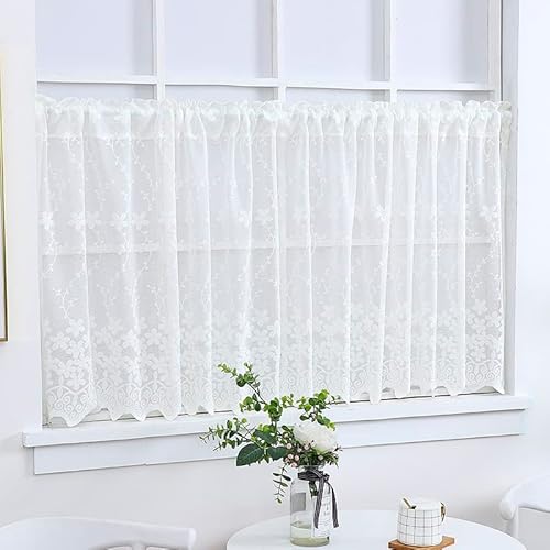 Yaland Scheibengardine weiß aus feinem Jacquard mit handgebogter Spitze Floral für Flügelfenster oder Sprossenfenster mit Stangendurchzug(Weiß BxH 150X80cm) 1 Stück von Yaland