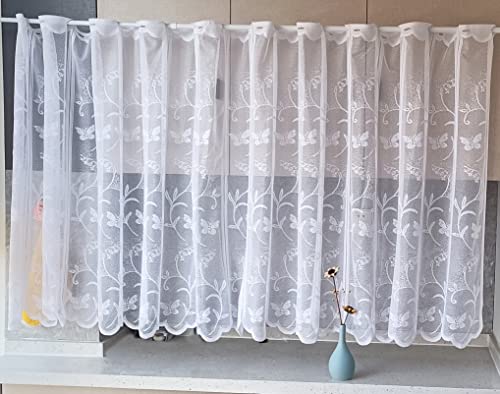 Yaland Scheibengardinen Jacquard Blumen Bordüre Gardine weiß Bistrogardine gebogt Breite 160cm Hoch 120cm Kurzegardinen kleine Scheibengardine Küchevorhänge von Yaland