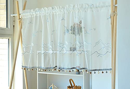 Yaland Scheibengardinen transparent Voile Kurze Vorhänge mit Vogel- und Hügelmuster küche landhausstil Bistrogardinen mit Kugeln-Kante Weiß (BxH 100x50cm) 1 Stück von Yaland