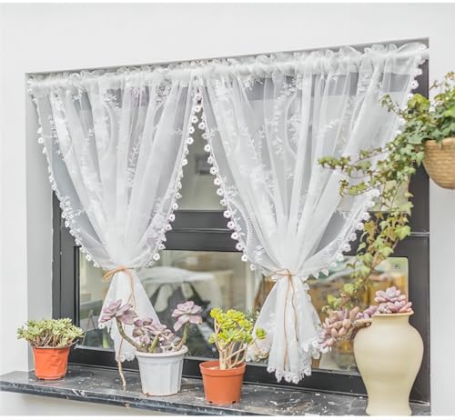 Yaland Vintage Scheibengardine mit zarten Floralmuster Transparente Stickerei Bistrogardine mit Kräuselband 1 Stück Weiß HxB 150x140cm von Yaland