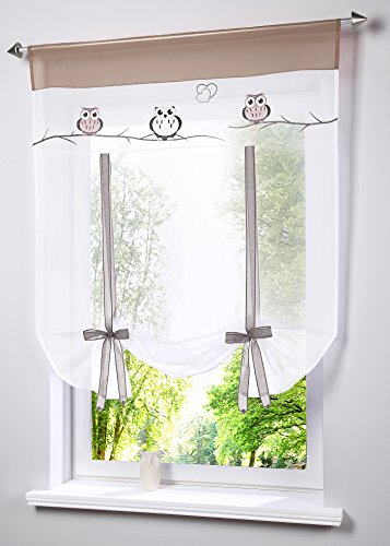 Yaland Voile Bändchenrollo mit Eulen-Motiv Küchen Transparentes Raffrollo mit Tunnelzug Wohnzimmer Gardinenschals (BxH 100x140cm, Sand) 1 Stück von Yaland