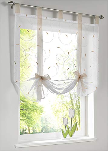 Yaland Voile Besticktes Raffrollo Romantische Bindegardine mit filigraner Stickerei Küchen Gardinen Wohnzimmer Gardinenschals (BxH 120x140cm, Sand) 1 Stück von Yaland