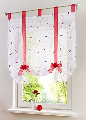 Yaland Voile Besticktes Raffrollo Romantische Bindegardine mit filigraner Stickerei Küchen Gardinen Wohnzimmer Gardinenschals (BxH 60x140cm, rot) 1 Stück von Yaland