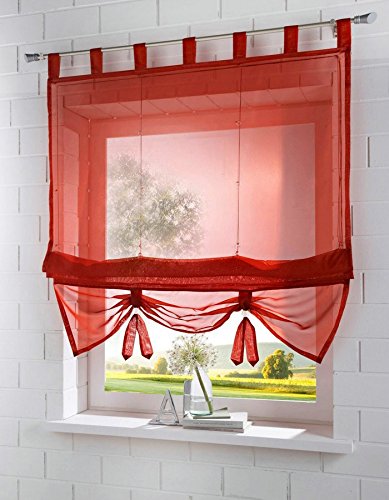 Yaland Voile Raffrollo transparentes einfarbiges Raffollo mit Schlaufen Schlaufenrollo Fenster Schal (BxH 120x155, rot) 1 Stück von Yaland